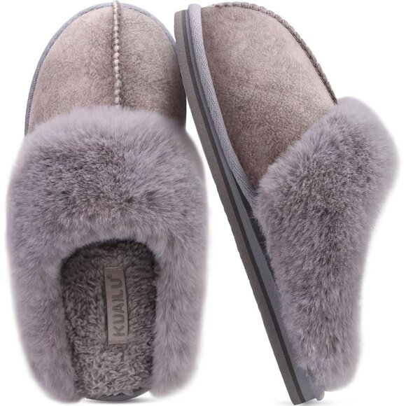 ⚡Women Grey Suede Fluff Dual Memory Foam Arch Support Warm Scuff Slipper - Picture 7 of 7
